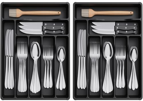 Lifewit Organizador de Cubiertos, pack de 2, Bandeja Cubiertos Cajon Cubertero para Cajón para Menaje, Cocina Organizador de Cubertería Compacto para Cucharas Tenedores, 7 Compartimentos, Negro