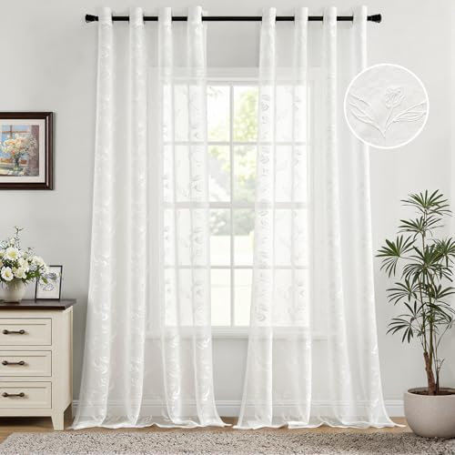 Woaboy Cortina Dormitorio Blanco Estampadas Flores Hojas Visillo Ventana Decorativo Tansparente Moderno para Salón Habitación 2 Piezas 140x245cm