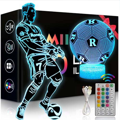 Eygerur 2er-Pack Portugal Fußballer Nr.7 Nachtlicht für Kinder, Fußball Geschenke Jungen, 3D LED Illusionslampen Mit Fernbedienung & Touch 16 Farben Nachttischlampe für Kinder Männer Ronaldo Fans