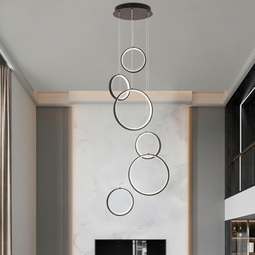 AHQX LED Pendelleuchte rund Treppenhaus lang Pendelleuchte Helligkeit Farbtemperatur einstellbar Schwarze Pendellampe rund höhenverstellbar Geeignet für Wohnzimmer Foyer Villa Hotel(6 heads)