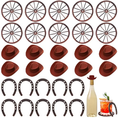 30 Pcs Western Party Decorations Mini Cowboy Hats Horseshoes Wagon Wheel Retro Cowboy Western Party Table Centerpieces Decorations for Wedding Birthday Cowgirl Country DIY Supplies