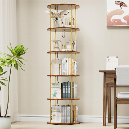 Generisch 360° Drehbares Bücherregal, Bodenstehendes Bücherschrank Aus Holz, Bookshelf Mit 5 Ebenen, Verstellbare Ebenen, Standregal, 45×45×160cm, Vintage-Braun