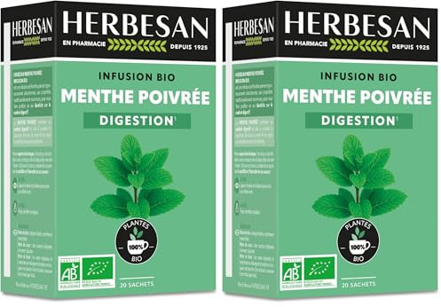HERBESAN®-MENTHE POIVRÉE FRANCAISE BIO - INFUSION BIO - CONFORT DIGESTIF - Sans plastique- 100% plante - 20 sachets en papier (Lot de 2)