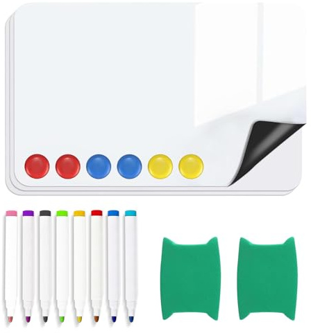 Pack of 3 A4 Whiteboard Film, Magnetic Board, Fridge, Wipe-Clean Magnetic Film, White Boards for Home, Office, School, Kitchen, Pin Board, with 8 Pens, 2 Sponge, 6 Magnets
