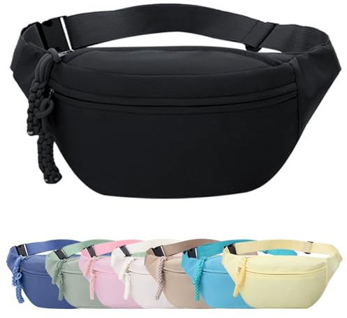 Bumbags for Ladies, Fanny Pack for Women Men with Adjustable Belt, 2-Zipper Pockets, Large Capacity, Lightweight Waist Bag Suitable for Daily Use，A-Black