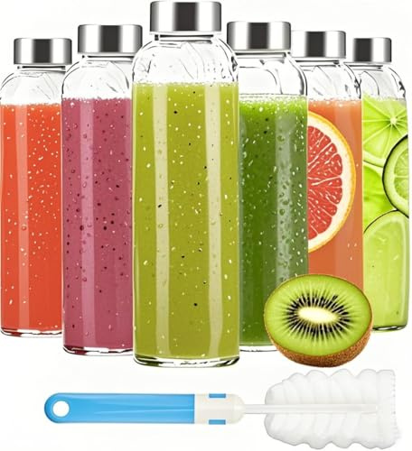 ALINK Botellas de jugo de vidrio de 18 onzas con tapas, juego de 6, botellas de agua de vidrio transparente, botellas reutilizables con tapa hermética de acero inoxidable, recipientes de