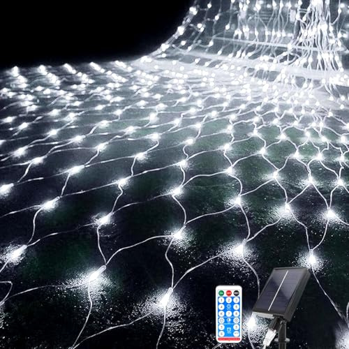 Kousee LED Solar Net Light, 1.5Mx1.5M Mesh Fairy String Lights, 96 LEDs 8 Modes Weatherproof Outdoor Net Lights Wrap Christmas Tree with Remote for Garden Balcony Fence Backyard Decor- White