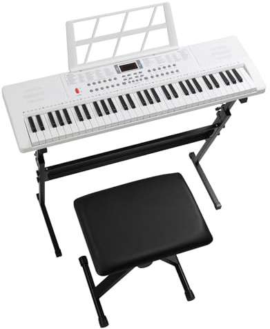 LEADZM Keyboard Piano 61 Tasten mit Keyboardständer, Klavierbank (Weiß)