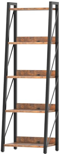 HOOBRO Bücherregal, 5 Ebenen, Trapezförmiges Regal, Industrielles Leiterregal, mit Metallrahmen Eckregal, für Wohnzimmer, Schlafzimmer, Heimbüro, DIY, Retro-Braun und Schwarz EBF305CJ01