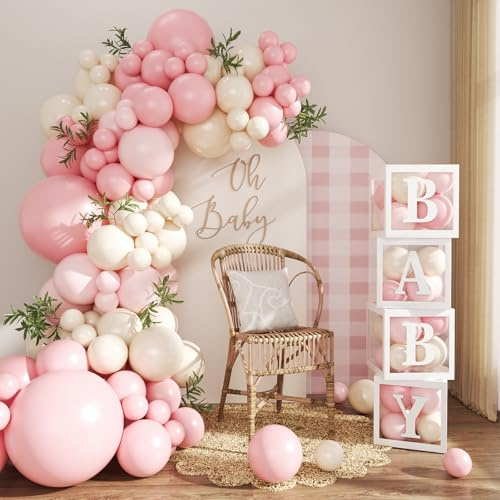 Pink Balloon Arch Garland Kit, 132Pcs Pink Baby Shower Decorations for Girl Baby Boxes with Letters for Boho Baby Shower Birthday Gender Reveal Party Wedding Decorations
