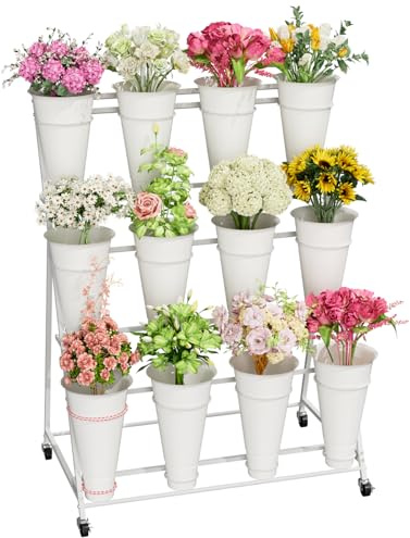 Flower Stand, 3 Tier Flower Display Stand with 12 Buckets, Upgrade Double Circle No Shaking, Outdoor Flower Cart with Wheels for Home, Patio, Garden, Shop, Wedding, Party, Exhibition, Indoor (White)