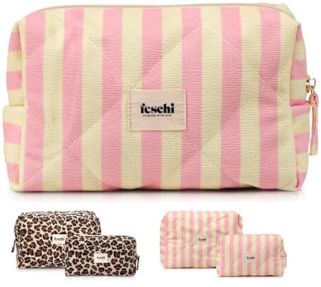 feschi Small Beauty Bag - Cotton Candy | Gesteppte Kosmetiktasche | Gestepptes gestreiftes Muster, Kleine Kulturtasche, Praktische Innentasche, Für Beauty-Produkte