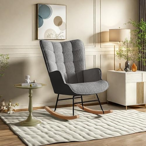Lodera Sedia a dondolo, Rocking-Chair, Sedia a dondolo, sedia allattamento in tessuto Teddy Beige, schienale imbottito, gambe in legno massello, per soggiorno, camera da letto o balcone (grigio scuro)