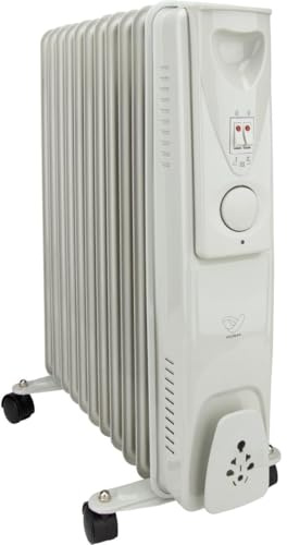 VOLTMAN, Radiador de aceite móvil de 2500 W, Termostato regulable, De 3 a 5 niveles de calefacción, Ruedas integradas, Silencioso, Ideal para salas de estar, Blanco