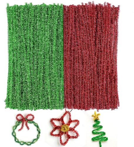 Pfeifenreiniger zum Basteln, 200 Stück Glitzer Pfeifenputzer Blumen Set, Chenilledraht Bastelset, Rot und Grün, 30 cm Pfeifenreiniger zum Basteln Weihnachten für Weihnachten DIY Dekorationen
