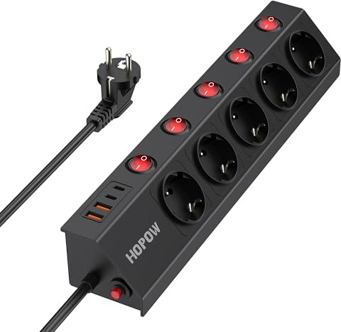 5-Fach Steckdosenleiste Einzeln Schaltbar, Steckdosenleiste Wandmontage mit 4 USB(2USB-C), 1700 J Mehrfachsteckdose (3680W/16A), 90° Ecksteckdosen, Verteilersteckdose 2m, Homeoffice, Hotelzimmer