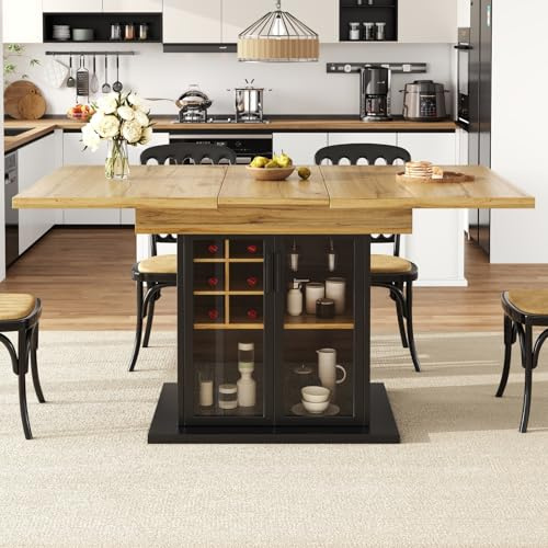 YEHTOKHOME Table à Manger Extensible 4-6 Personnes, Table de Cuisine Rectangulaire avec Rangement Vin, Porte Verre Trempé Soft-Close, pour Petits Espaces, 110-140x80 cm, Noir (I)