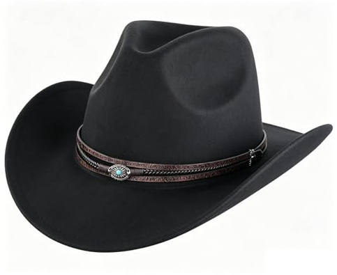 SIGONE Unisex Western Cowboy Filzhut Schwarz, Outdoorhut mit Breitem Rand & Verstellbarem Rückenband, Klassischer Hut für Männer Frauen Outdoor-Aktivitäten