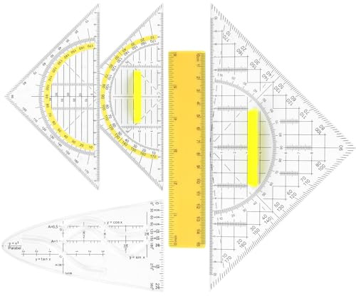 HaPWan geometri ritset 5 delar med handtag – triangel, stor och liten, parabelmall, kurvschablon, linjal 15–22 cm för skola, studier och kontor