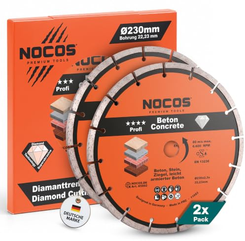 NOCOS Profi Diamantscheibe 230 mm für Beton, Stein, Ziegel und weitere Baustellenmaterialien - Diamant Trennscheibe für Winkelschleifer - 2er Pack