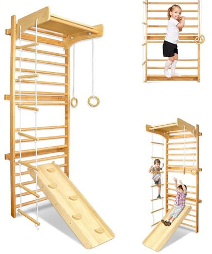 MAYTIIMO Holz Sprossenwand Kinder Multifunktions Set – Indoor Klettergerüst, Kletterwand, Turnwand – Heim Fitness Spielgerät für Kinder & Familie, geeignet ab 3 Jahren