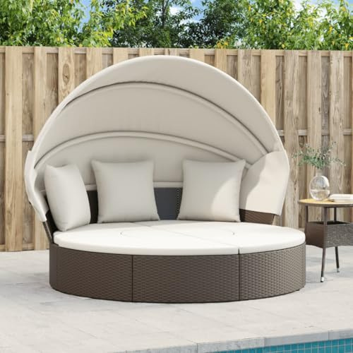 Runheo Sonneninsel Poly Rattan mit Dach und Kissen Braun, Gartenbett Outdoor Liegeinsel mit Polster, wetterfest, wasserabweisend, verstellbar, Relaxliege für Terrasse Balkon und Pool