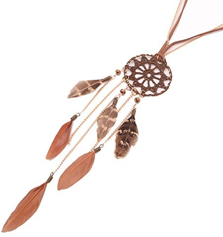 Beyond Dreams® Chaîne Dreamcatcher | Collier Attrape-Rêves pour Femmes | Long Collier en Cuir Doré | Maron Pendentif Plume Perles | Cadeau Dames Amis