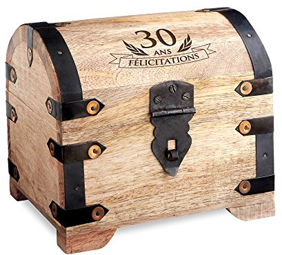Casa Vivente - Coffre en bois style coffre au trésor avec gravure - Cadeau d'anniversaire 30 ans - Boîte à bijoux - Boîte cadeau - Tirelire - Bois naturel - Cadeau d'argent - Malle au trésor
