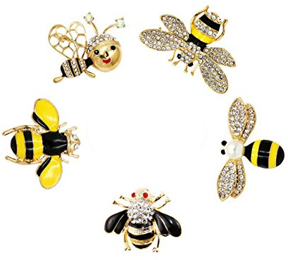 Lot de 5 broches tendance en émail et strass sur le thème des abeilles pour vêtements, colliers, robes, écharpes, Émail, strass