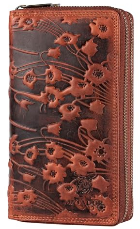 MATADOR Portemonnaie Damen Leder #Madrid mit Edle Geschenk Box, Eleganter Geldbeutel mit RFID Blocker, Luxus Frauen Portmonee Viele Kartenfächer in Braun Blumen