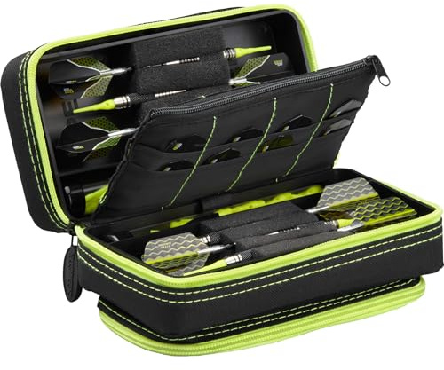 Casemaster Plazma Pro, 6 dartfodral för mjuka dartrar och stålspetsar, har stor främre mobilenhetsficka, inbyggda förvaringsrör och fickor för flyg, tips, axlar och personliga föremål Yellow Trim