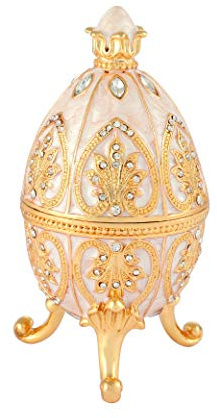 Furuida Trinket Box with Hinged White Easter Egg Enameled Jewelry Box Classic Ornaments Metal Craft Gift for Home Decor