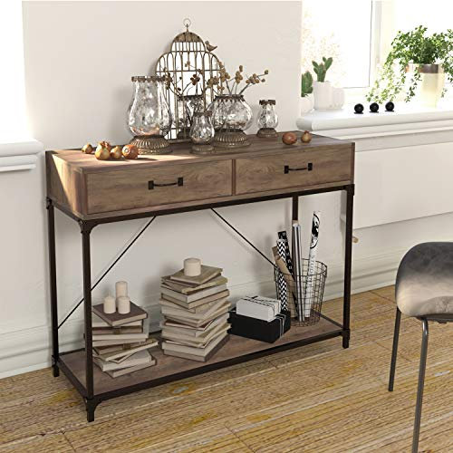 Console 2 tiroirs avec poignées et étagère de Rangement Table d'appoint pour la Maison et Le Bureau Table d'appoint en Bois avec Cadre en métal Noir pour Couloir, Salon, Chambre, entrée, Cuisine