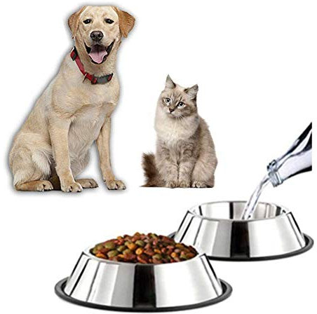 Bahob® Steel Dog Bowl with Rubber Base for Small Medium and Large Dogs, Pets Feeder Bowl and Water Bowl Perfect Choice Pack of 2 (L)