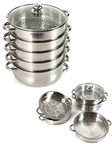 Cuiseur vapeur, longue durée, disponible en 3 étages et 28 cm, en acier inoxydable, avec couvercle en verre, ustensiles de cuisine, casserole, 30 cm, 5 étages