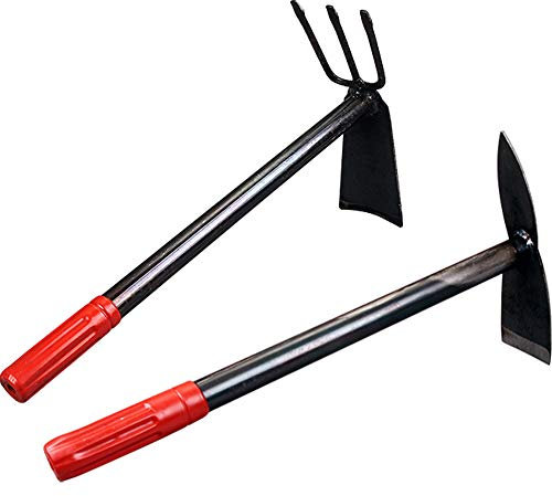 Kelendle 2 Pack Hand Garden Tools Set Hand Hoe and Cultivator Combo Carbon Steel Hand Tiller Hand Digger Pick Mattock Dual Headed Garden Hoes Weeding Tools for Loose Soil Outdoor Lawn