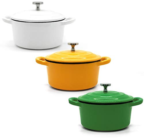 RJ Legend Mini Dutch Oven Pot Set of 3 - Enamel Surface, Non-Stick Cast Iron Cookware - Ideal Gift for Your Friends & Family - Green, White, Yellow