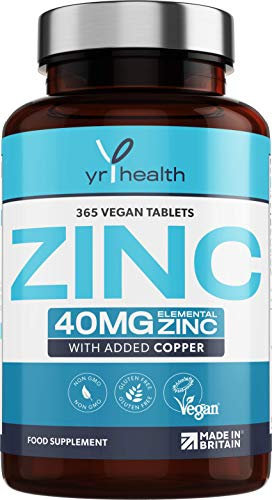 Vegan Zinc Tablets High Strength 40mg - 365 Premium Zinc Gluconate Tablets - Zinc Supplements, 12 Month's Supply - Zinc and Copper Supplement - Zinc 40mg - Made in The UK by YrHealth