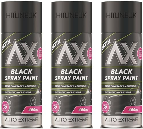 HitlineUK Spray Paint, 400ml Satin Black Spray Paint, Automotive Paint Sprayer, Multipurpose Exterior Black Spray Paint Satin, Metal Spray Paint by Auto Extreme (3 Cans)