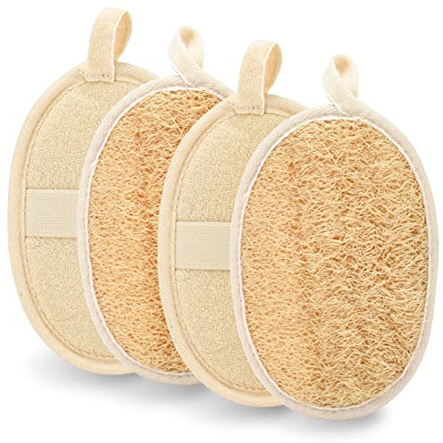 olyee Natural Exfoliating Loofah Sponge, 4 Pack Natural Luffa and Terry Cloth Materials Loofa Sponge Scrubber Brush Close Skin Biodegradable Shower luffa Pad, Beige