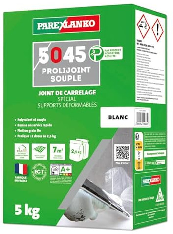 PAREXLANKO - Joint de carrelage - 5045 PROLIJOINT SOUPLE - Blanc - 5kg | Joint 2 à 12 mm - Hydrofugé - Supports déformables - Compatible plancher chauffant, terrasses et façades
