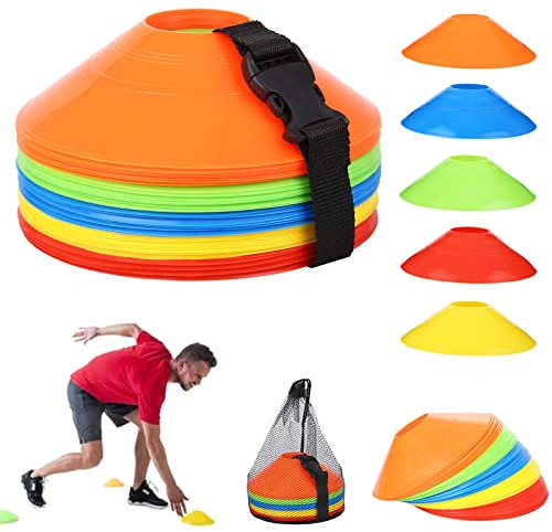UNIDEAL 50 Stück Markierungshütchen, Sport Hütchen mit Schnallenriemen, Netztasche, Fussball Hütchen Set für Fussball, Hockey, Eislaufen, Handball oder Trainingshilfe für Koordination(5 Farben