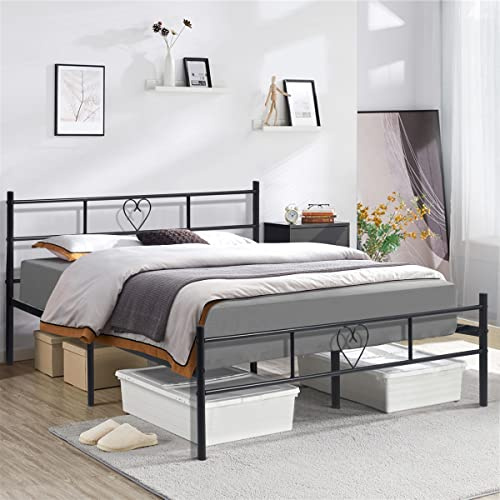 FetiNes Metallbett Doppelbett 140x200 cm Gästebett Bettrahmen mit Herzförmiges Kopfteil, Bettgestell mit Lattenrost für Schlafzimmer Gästezimmer Bett, Schwarz
