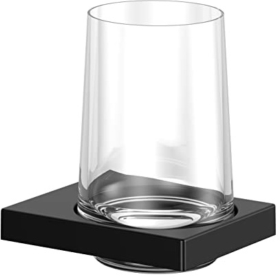 KEUCO Edition 11 Zahnputzbecher aus Kristallglas mit Wandhalterung, schwarz | inkl. Schrauben und Dübel, Glashalter aus Metall zum Bohren
