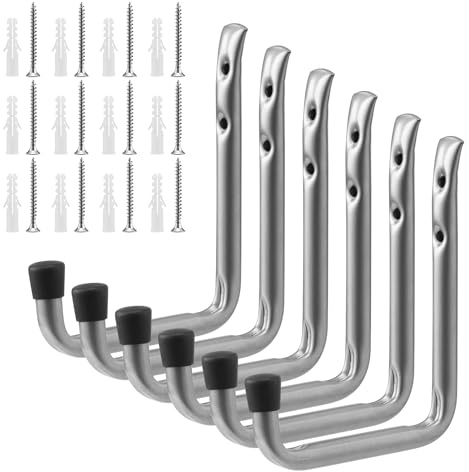 Navaris Ganchos para Colgar en Garaje - Set de 6X Gancho Colgador de Pared para Bicicleta Herramientas Escalera esquís - Colgadores en Forma de J - 15,5 x 23,5 cm