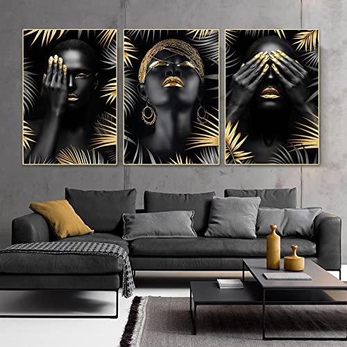 KDXAOBEI Große Leinwandkunst, Wanddekoration, Wandkunst für Wohnzimmer, Bilder, Blattgold, Afrika-Frau, Gemälde auf Leinwand, Posterdruck, 51 x 71 cm (20 x 28 Zoll) x 3, ohne Rahmen