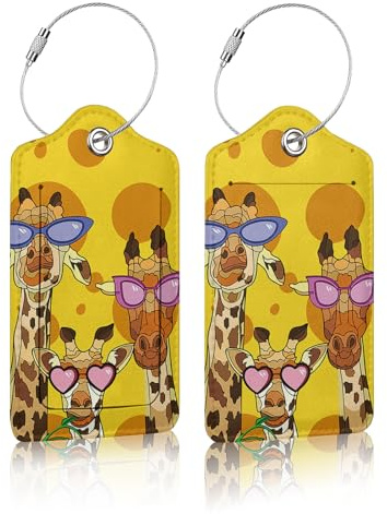 Gepäckanhänger für Koffer, coole Giraffe, gelbe Punkte, Leder, Gepäckanhänger, Sichtschutz, ID-Etikett für Damen und Herren, Reisen, 2 Stück