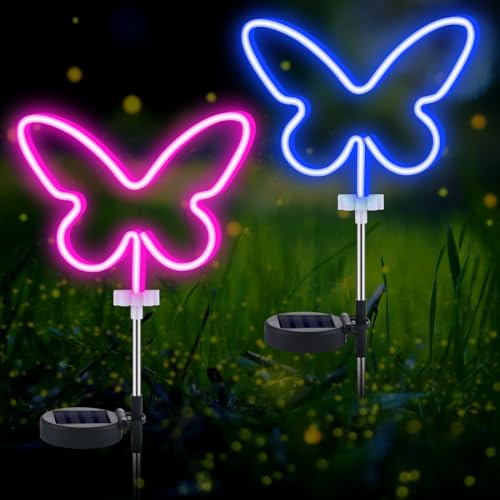 Rossesay 2 Pcs Solar Butterfly Neon Lights, Big LED Solar Garden Stake Waterproof Neon Butterfly Stake Lights for Yard Lawn Garden Outdoor Decor, Gardening Gifts for Women Mom