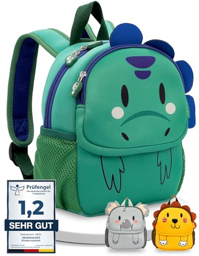 REISERACKER Kindergartenrucksack ab 1 Jahr mit Tiermotiv für Kita – grün | Wasserabweisend & kratzfest mit Reflektoren – zwei Hauptfächer, Namensschild & kinderfreundlicher Reißverschluss