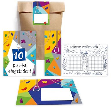 Minkocards 10 Einladungskarten zum 10. Kindergeburtstag Klettern Bouldern Mädchen Jungen zehnte Geburtstag incl. 10 Umschläge, 10 Partytüten/natur, 10 Aufkleber, 10 Lesezeichen, 10 Schiffe versenken